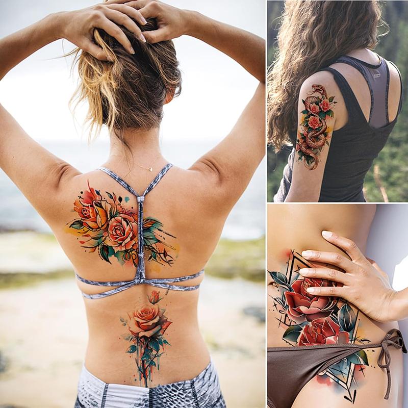 9 Sheets Flowers Temporary Tattoos, Watercolour Roses Snake Tattoos Stickers, Long Lasting Floral Tattoos, Makeup Body Art Waterproof  Tattoos for Women Men Girls Half Arm Tattoos (Flowers) Durable