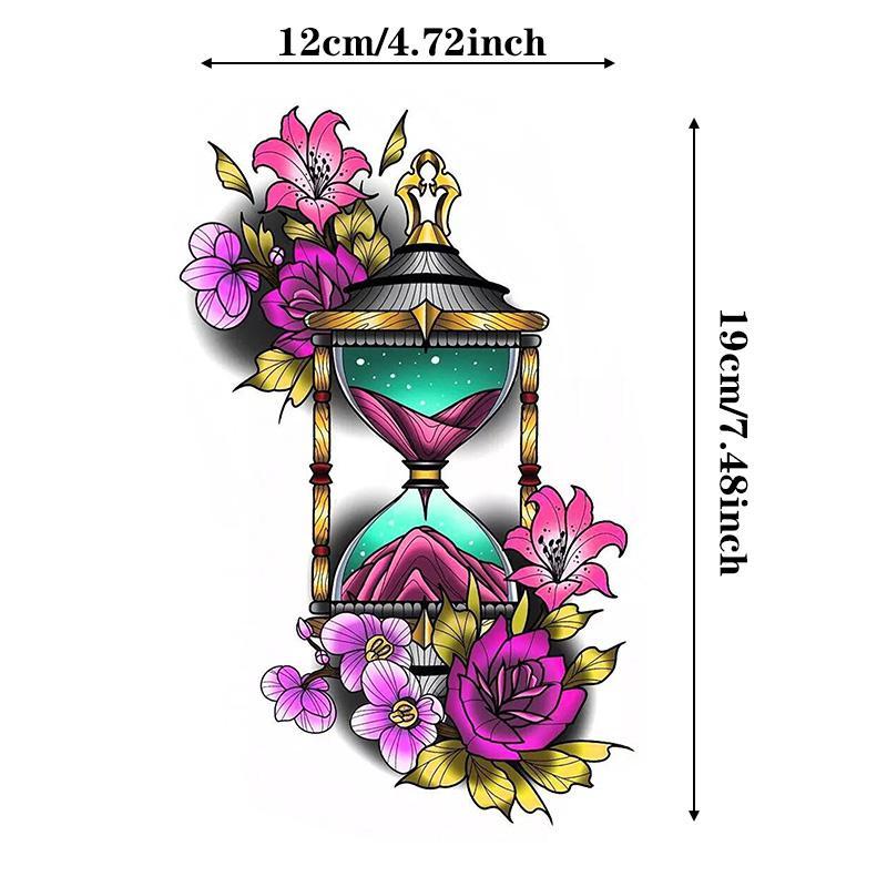 Hourglass & Flowers Pattern Temporary Tattoos, 1 Count Body Art Decoration Sticker For Women And Girls