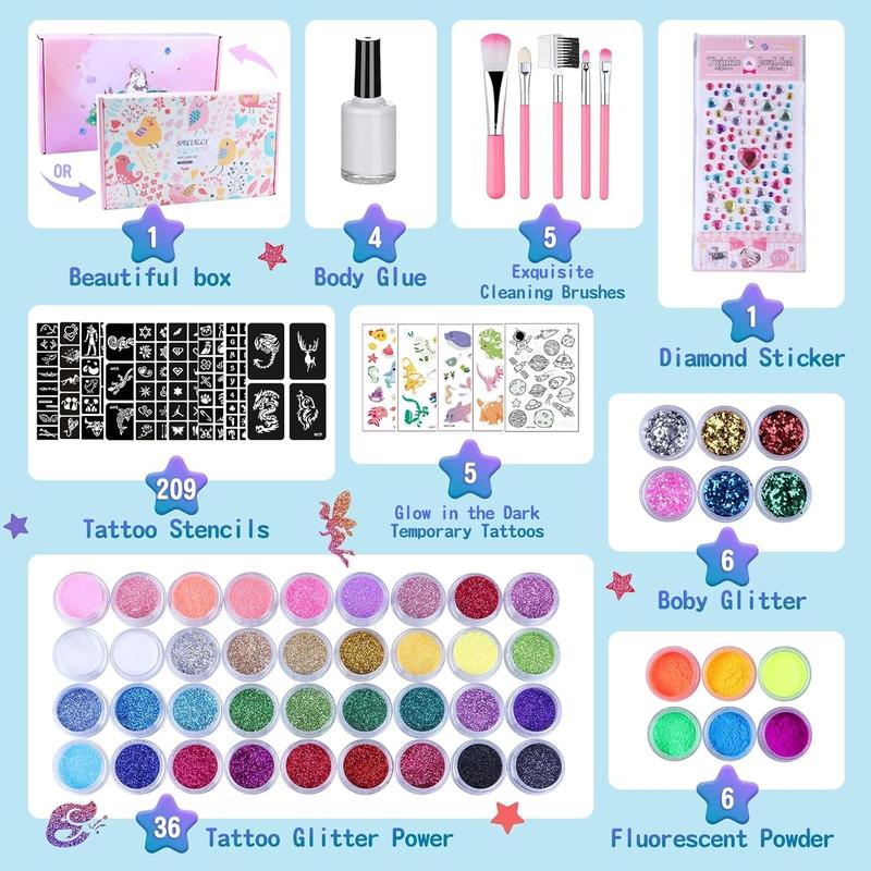 Temporary Glitter Tattoo Kids 48 Colors, 209 Unique Stencils, 4 Glue, 5 Brushes, Body Nail Arts Glitter Makeup Kit, Gifts for Girls Boys Adults Birthday...