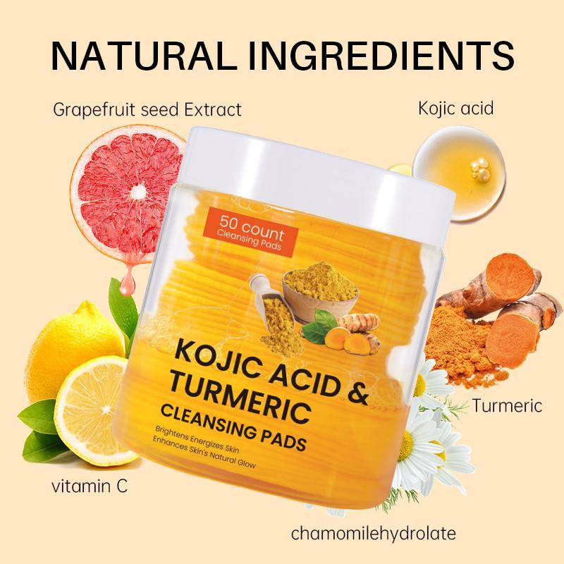 Turmeric & Kojic Acid Face Cleansing Pads, 50pcs box Brightening Exfoliating Cleanser for Acne-prone Skin & Makeup Removal for Face & Body Women & Men