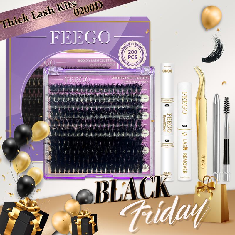 FEEGO 200D Lashes Extension Kit Thick Eyelash Extension Kit 10-20mm Fluffy Lash Clusters Individual Eyelashes Kit with Lash Bond and Seal