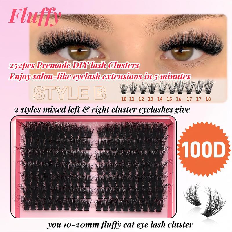 Mixed Length Individual Lash Extension, 252pcs box 100D 150D Cat Eye Lash Wispy Fluffy Lash Cluster, Self Grafting Curl Eyelash for Women & Girls, Christmas Gift