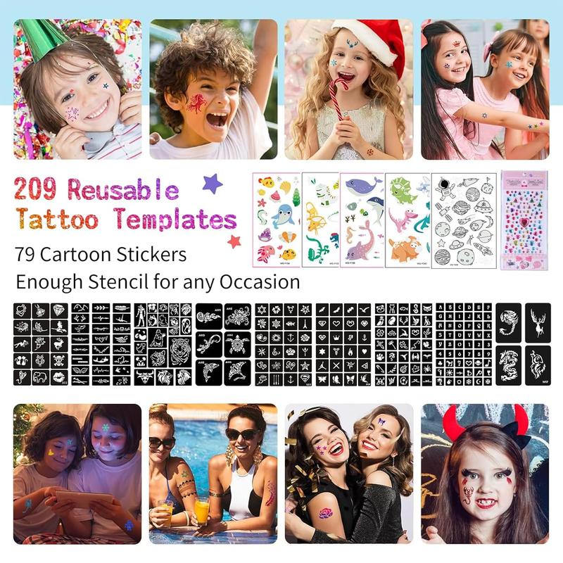 Temporary Glitter Tattoo Kids 48 Colors, 209 Unique Stencils, 4 Glue, 5 Brushes, Body Nail Arts Glitter Makeup Kit, Gifts for Girls Boys Adults Birthday...