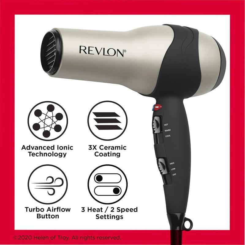 REVLON Turbo Hair Dryer with Advanced Ionic Technology, Ceramic Coating | Turbo Heat and Cold Shot Features, 1875 Watts for Fast Drying and Shine ()