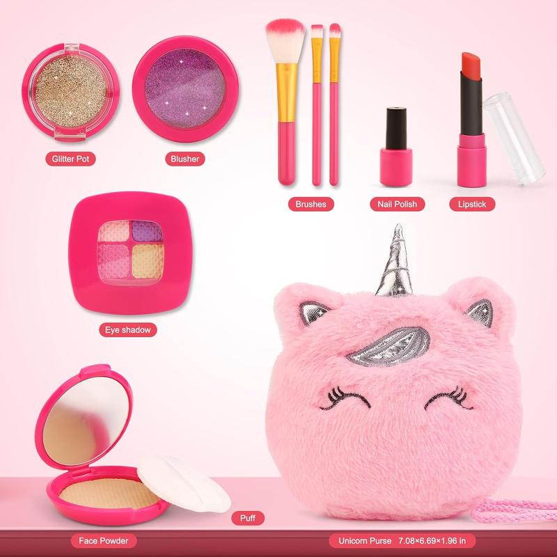 Christmas Pretend Makeup Kit for Girls, Toddler Girl Toys for 3 4 5 6 7 8 Years Old Girls Gifts, Fake Play Makeup Set for Kids Toys 3-5 4-6, Unicorn Princess Little Girl Purse with Make up