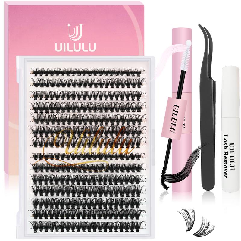 UILULU DIY Lash Extension Kit Individual Lashes Cluster D Curl Eyelash Set (0.07D-9-16MM Kit)