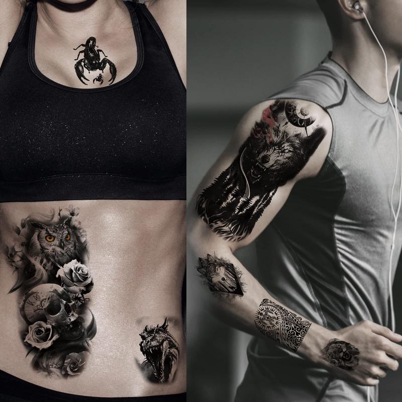 72 Sheets Temporary Tattoo for Men Women Adults, Include 12 Sheets Large Black 3D Half Sleeve Temporary Tattoos, Halloween Tattoos Scary Lion Wolf Tiger Skull Skeleton Tattoos Stickers Flower Waterproof