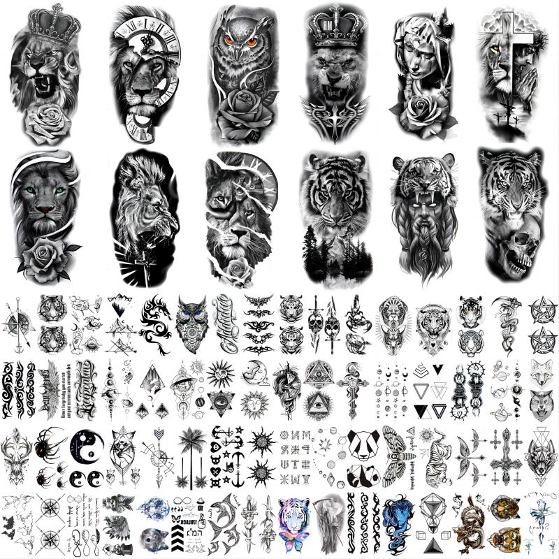 76 Sheets Large-Size Black TemporaryTattoos Stickers,Forearm DesignsFeaturing Tribal Wolf, Tiger, Lion, Owl,Skeleton Skull, Temp Halloween FakeTattoo Stickers, Rose, and Animals Sensitive