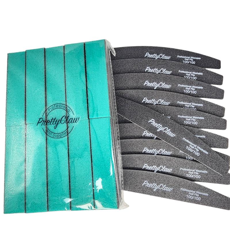 20pc Nail Files And Nail Buffers PrettyClaw Branded 100 100 Grit Black Half Moon 10 pc 3-way Nail Buffer Green Teal Black 10pc Manicure Pedicure Gel- X Hard Gel Acrylics Press On Nail Supplies Nail Salon Nail Tech Beginner Professional Nail Tech