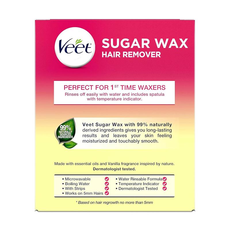 VEET Sugar Wax Hair Remover 8.45 ounce - Perfect for First Time Waxers - Hair Remover Waxing Kit with Essential Oils and Floral Vanilla Fragrance, contains 12 Fabric Strips with 1 Spatula with a Temperature Indicator. Body Care Hair Removal Sensitive