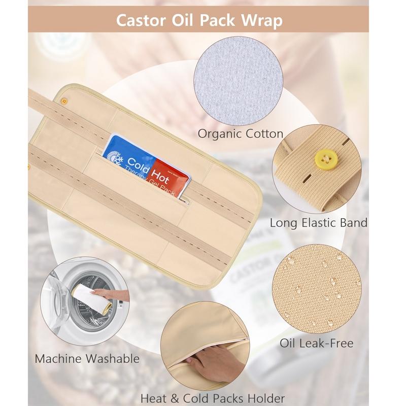 4 in 1 Castor Oil Pack Kit, Castor Oil Organic Cold Pressed Unrefined Glass Bottle (8fl.oz 237ml), Castor Oil Pack Wrap and Castor Oil Packs for Overall Wellness