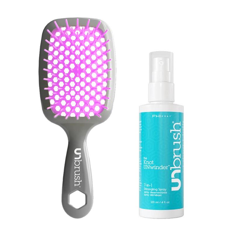 FHI Heat UNbrush Detangling Duo: UNbrush Detangling Brush and The Knot UNwinder 7-in-1 Detangling Spray Haircare Heatless