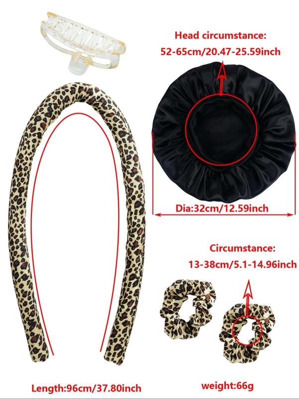 Leopard Pattern Hair Curler & Sleeping Cap, Including Satin Bonnet & Hair Tie & Heatless Curling Rod & Hair Claw Clip, Fashion Hair Styling Tools for Women for Various Hairstyle Use