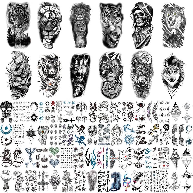 76 Sheets Large-Size Black TemporaryTattoos Stickers,Forearm DesignsFeaturing Tribal Wolf, Tiger, Lion, Owl,Skeleton Skull, Temp Halloween FakeTattoo Stickers, Rose, and Animals Sensitive