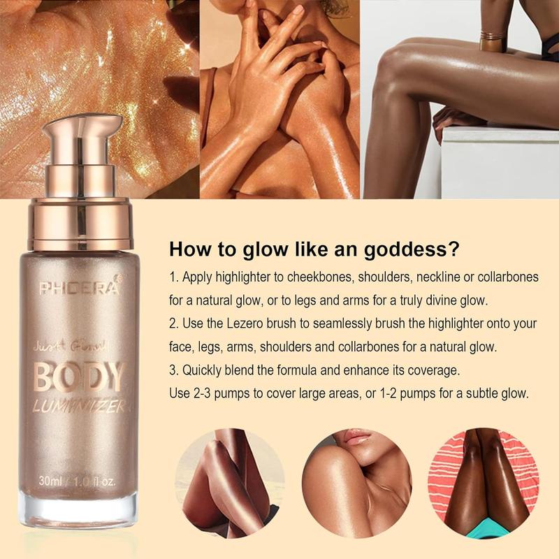 Body Shimmer Oil, Waterproof Long Lasting Moisturizing Bronze Body Luminizer Glow For Face & Body, Liquid Illuminator Body Highlighter 1oz Jars, Makeup Brush Include (Rose  #01)