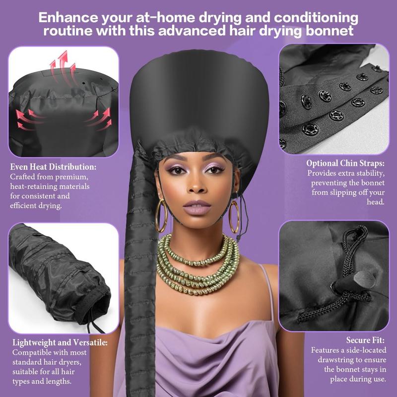 Hair Dryer Cap with Hood - Fast Drying Cap Hair Dryer for Natural Hair, Deep Conditioning, Styling and Curl Enhancement - Adjustable Fit, Heat Distribution, Portable and Lightweight for Travel (Black)