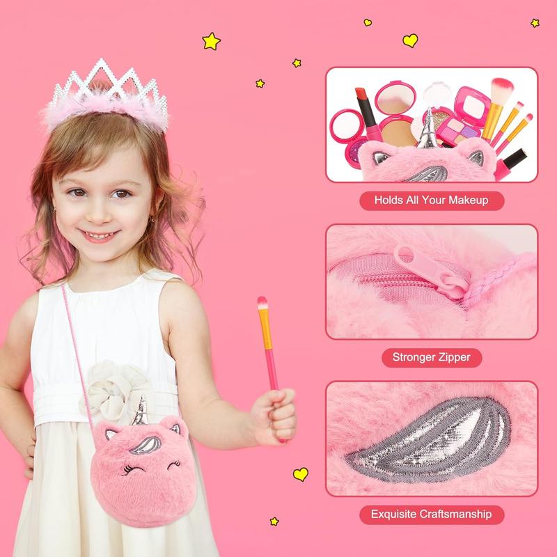 Christmas Pretend Makeup Kit for Girls, Toddler Girl Toys for 3 4 5 6 7 8 Years Old Girls Gifts, Fake Play Makeup Set for Kids Toys 3-5 4-6, Unicorn Princess Little Girl Purse with Make up