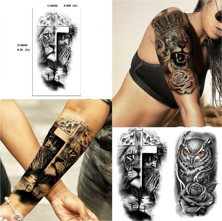 76 Sheets Large-Size Black TemporaryTattoos Stickers,Forearm DesignsFeaturing Tribal Wolf, Tiger, Lion, Owl,Skeleton Skull, Temp Halloween FakeTattoo Stickers, Rose, and Animals Sensitive