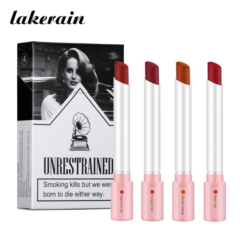 4-Color Lipstick Set – Waterproof Matte Lip Tint & Lip Gloss, Long-Lasting Red & Orange Shades, Makeup Cosmetics Kit Glossy Lightweight Daily Flawless Smooth Lip Care Compact