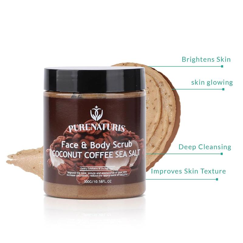 Coconut Coffee Sea Salt Scrub - Exfoliating & Moisturizing Face and Body Scrub with Natural Ingredients, Energizing and Hydrating, 10.58 Ounce