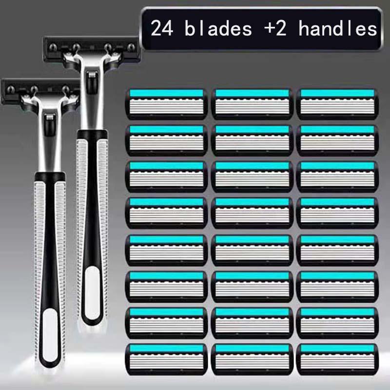 Manual Razor with 6-layer Blade, 1 Set including 2 Counts Razor Holder & 24pcs Blades Head, Safety Razor for Men, Gentle and Safe Shaving Tool for Daily Use