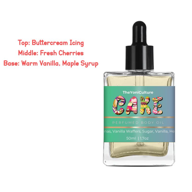 Vanilla Cake - Perfumed Body Oils -  1.7 oz 50ML Notes: Top: Buttercream Icing Middle: Fresh Cherries Base: Warm Vanilla, Maple Syrup skin oil