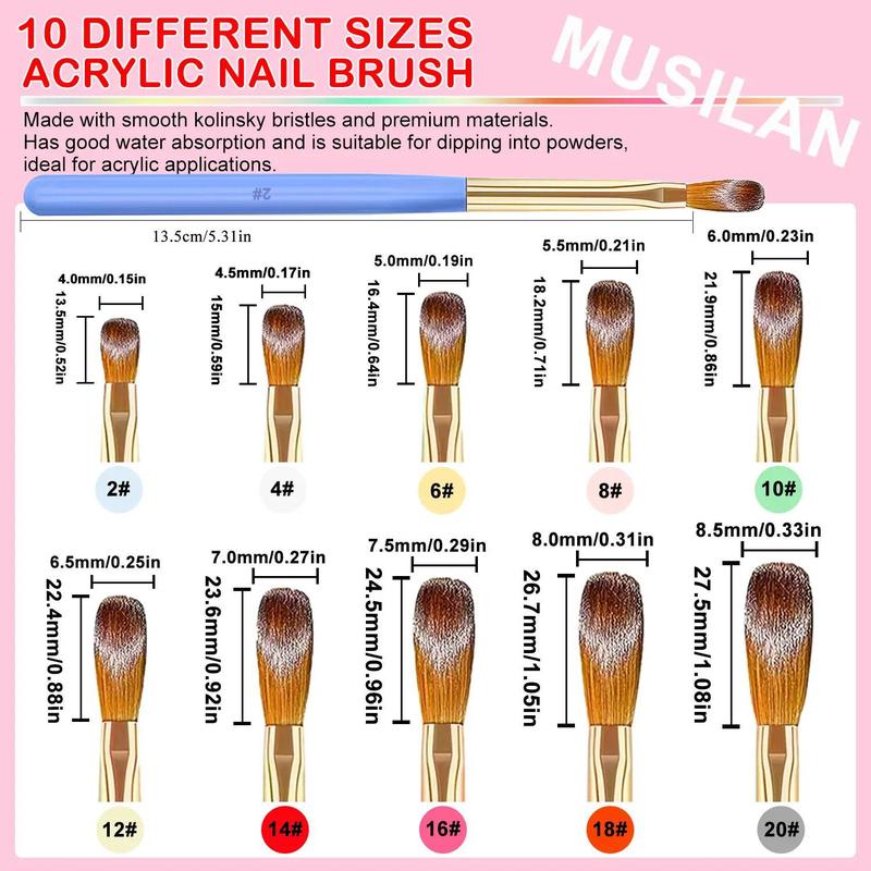 Acrylic Nail Art Brush Set, 10pcs Nail Art Design Pen Painting Tools, Fingernail Brush for Acrylic Powder Application, Carving Nail Art, 3D Nail Art