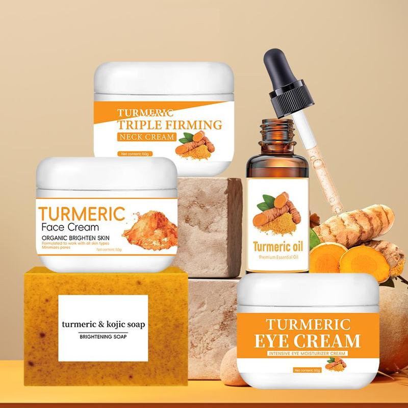 Turmeric Skin Care Kit, 5 Counts set Including Turmeric Face Cream, Eye Cream, Neck Cream, Serum & Soap, Moisturizing Skin Care Kit for All Skin Types